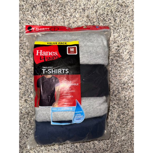 Men's Hanes M Short Sleeve Tees 4-Pack Grey Black Navy Tagless - Picture 1 of 9
